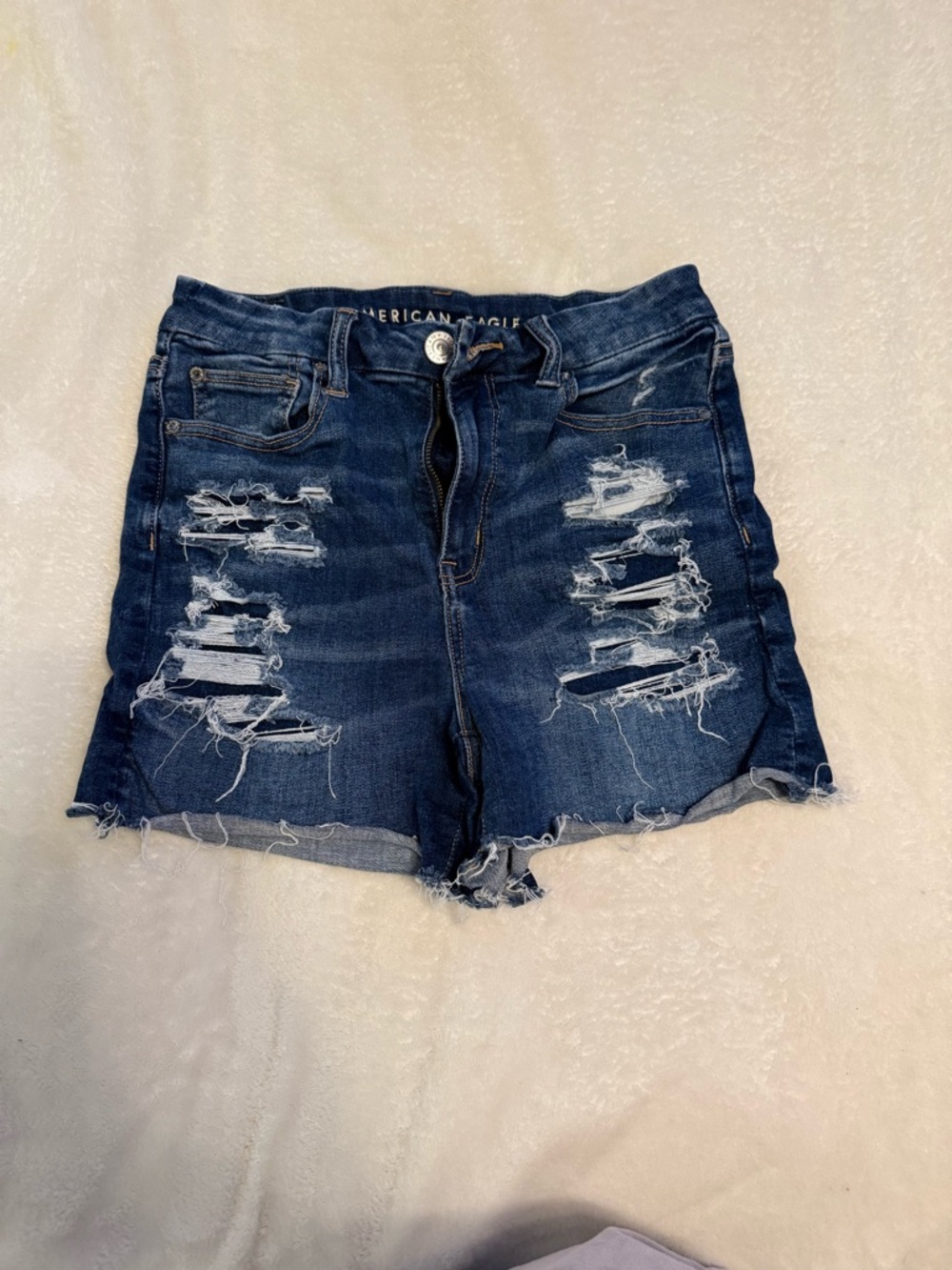 American Eagle Outfitters Dark Blue Distressed High-Rise Denim Shorts